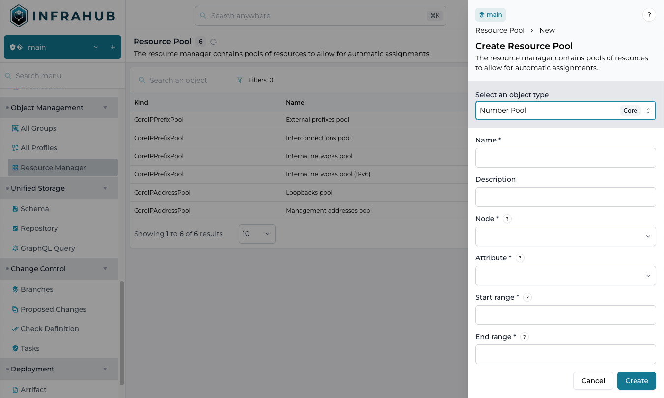 "Example screenshot of configuring a Number Pool in Infrahub."
